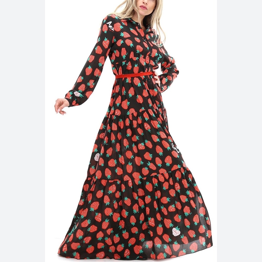 Aniye By Chemisier Tula Strawberry Print Maxi Dress Black Red IT 42 NWT